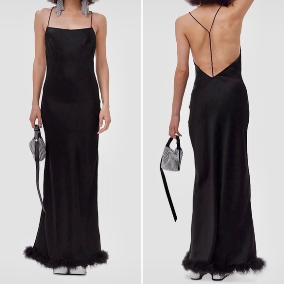Simon Miller Kizo Black Feather Trim Open Back Maxi Slip Dress Gown Large - Picture 12 of 13